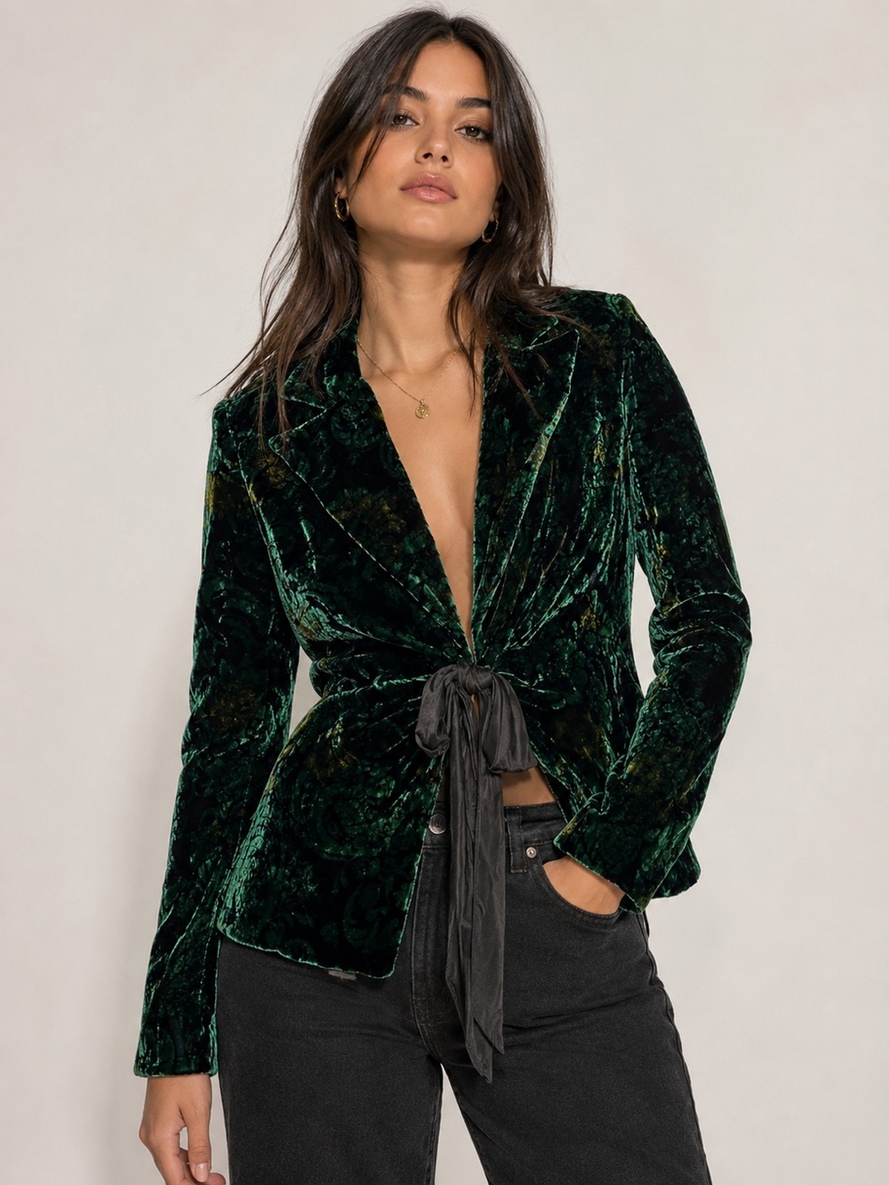 Kay Unger Green and Black Silk Blend Velvet Damask Print Tie-Front Blazer Sz. 12